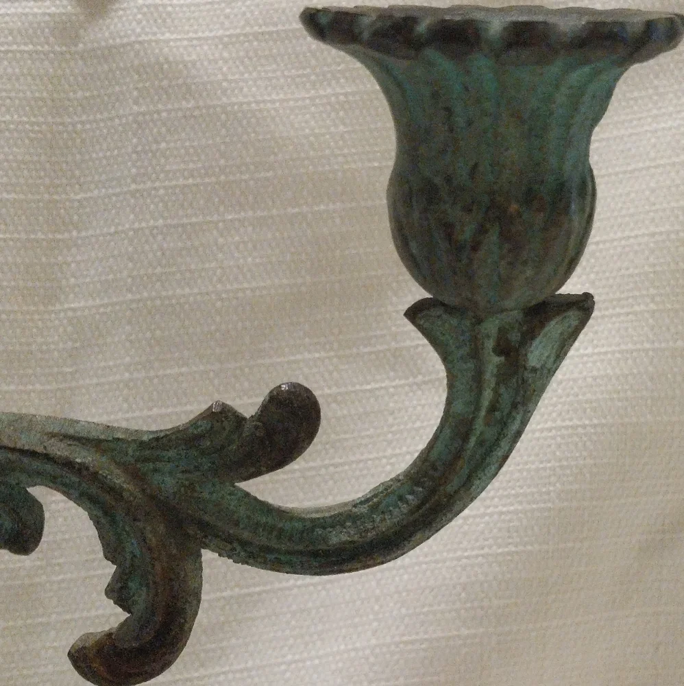 Vintage Z Gallerie Green Patina Iron Baroque Candelabra